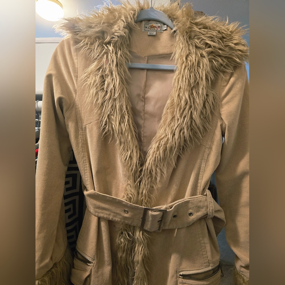 Small Tan Faux Fur Trimmed Women's Coat